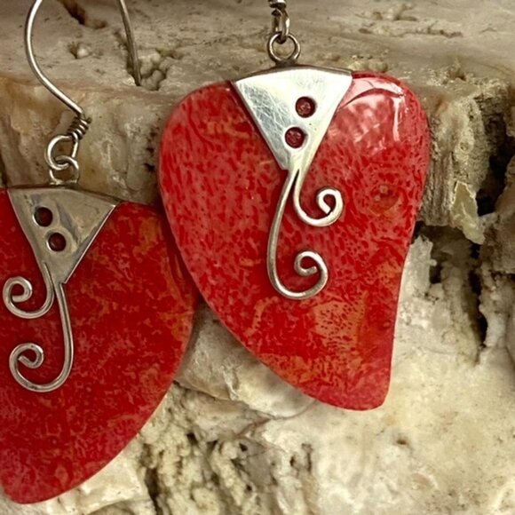 Sterling Silver 925 1.83" Red Sponge Coral Scrollwork Dangle Earrings 4.6g - Picture 7 of 16